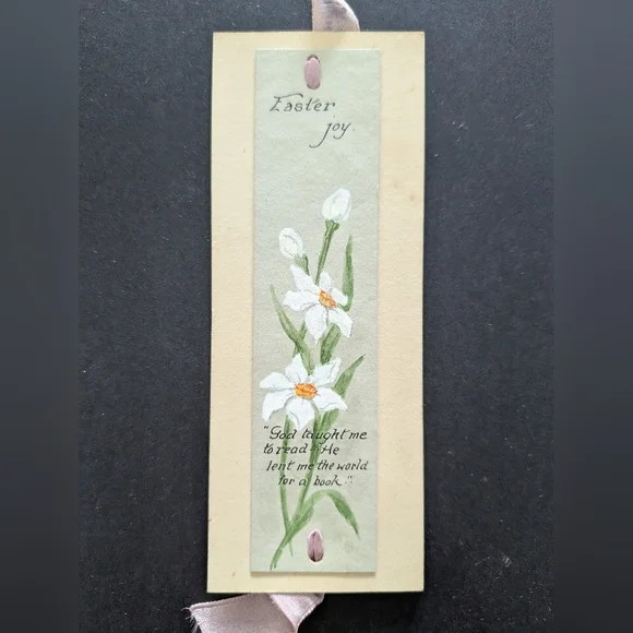 Antique Hand-Painted Easter Joy Bookmark | Narcissus Floral & Silk Ribbon - Picture 1 of 3